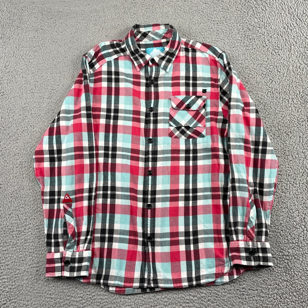 Burton Shirt Mens XL Pink Teal Plaid Flannel Long Sleeve Button Up Outdoor Shirt